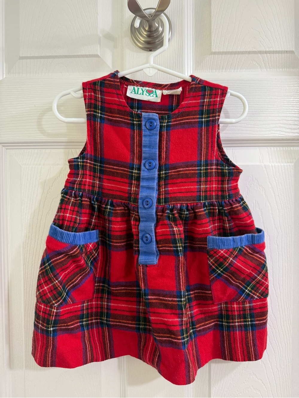 Vintage Alysa Red Tartan Plaid Girls Dress with Blue Cordouroy Trim